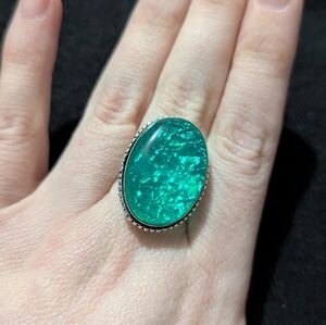 Silver Plated Green Australian Triplet Opal Gemstone Statement Ring - Size 8-10